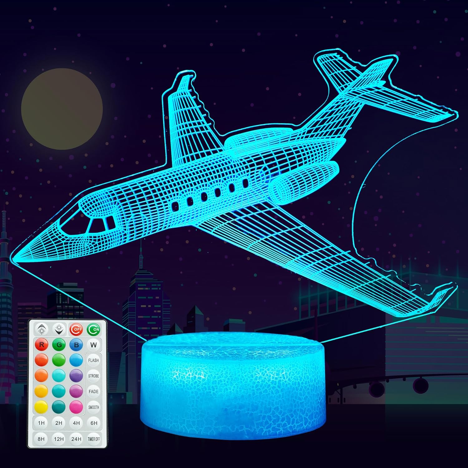 Airplane Night Light, Plane Gifts, Aviation 3D Illusion Night Light with 16 Colors Changing, Remote Control with Timer, Kids Room Decoration for Holiday Birthday Christmas
