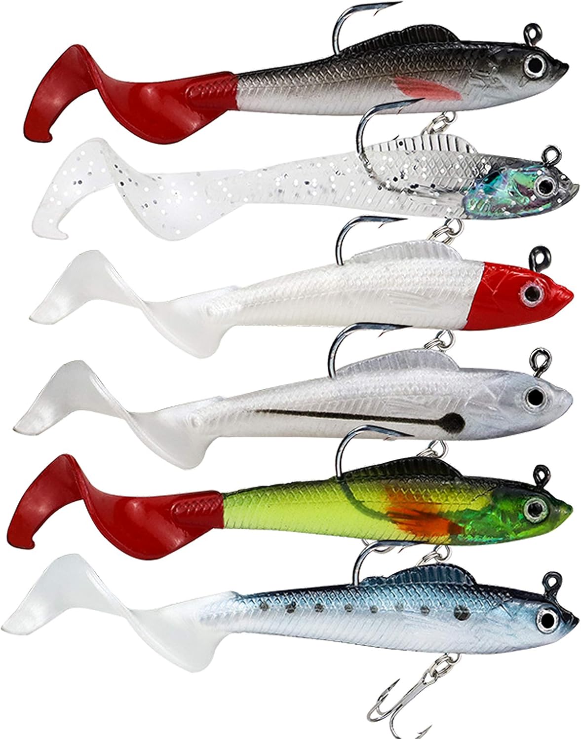 Lures for Bass Jig Head Soft Swimbait, 6-Pack 6 Colors Plastic Bait for Saltwater/Freshwater Fishing