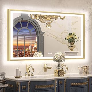 TETOTE 60x36 LED Bathroom Mirror with Lights Gold Frame Frontlit & Backlit Lighted Vanity Mirror Baroque Anti Fog Dimmable White/Warm/Natural,CRI90+,Waterproof,Wall Mounted(Horizontal/Vertical)