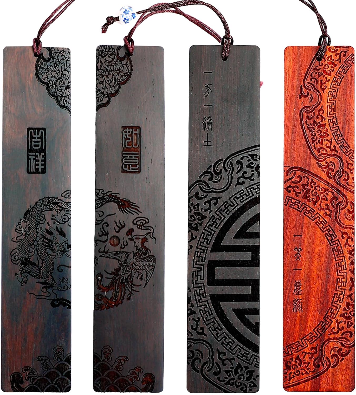 Toirxarn Wooden Bookmarks with Chinese Dragon & Phoenix Design – Hand-Carved Traditional Art Nice Gift for Book Lovers Teachers – Ideal for Birthdays Anniversaries and Special Occasions (4-Pack)