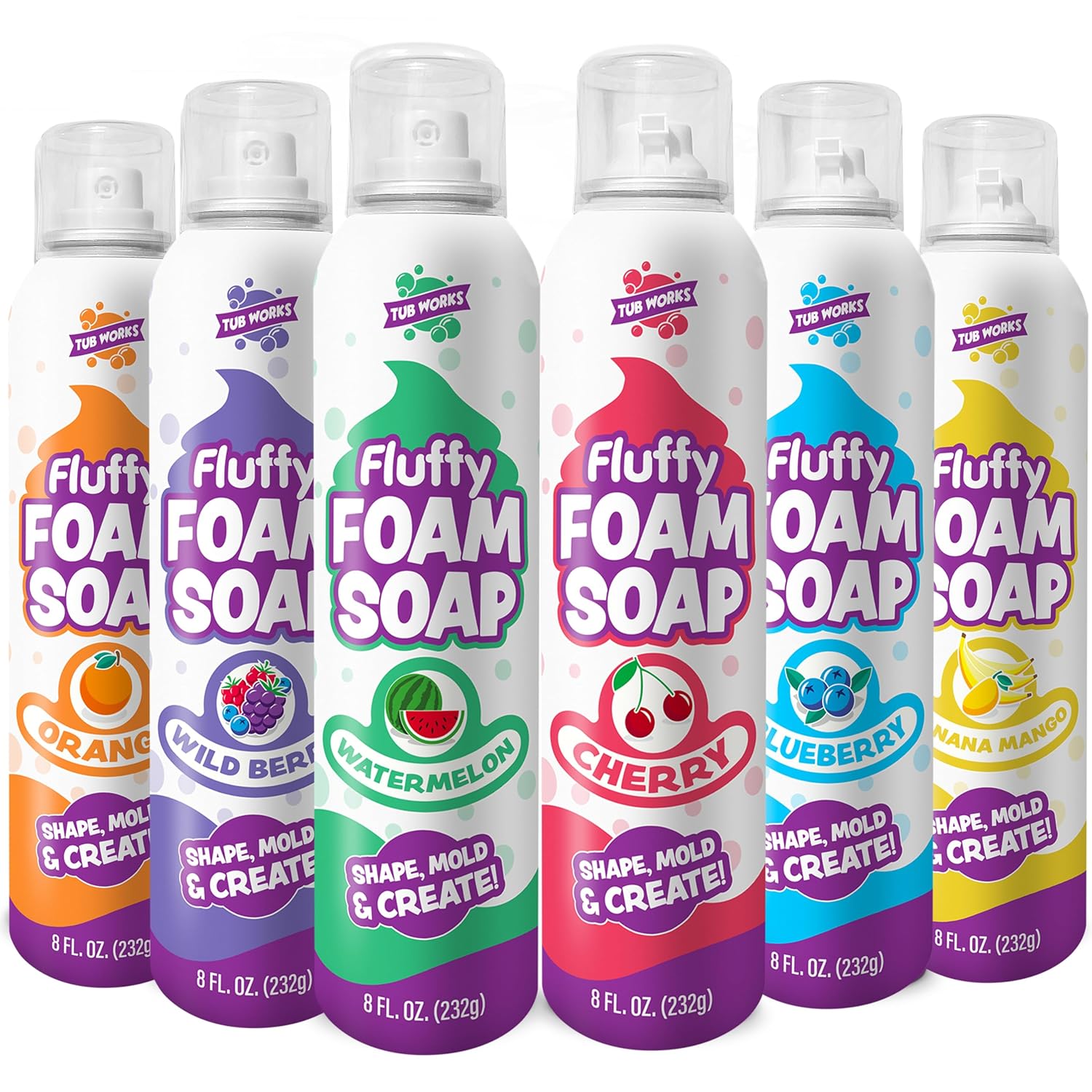 Tub Works® Fluffy Foam Soap, Variety 6 Pack | Shape, Mold & Create Bath Art with Soft Bath Foam for Kids | Gentle, Cleansing Kids Bath Soap | Easy-to-Use Spray Nozzles | Fruity, Fun Bath Colors