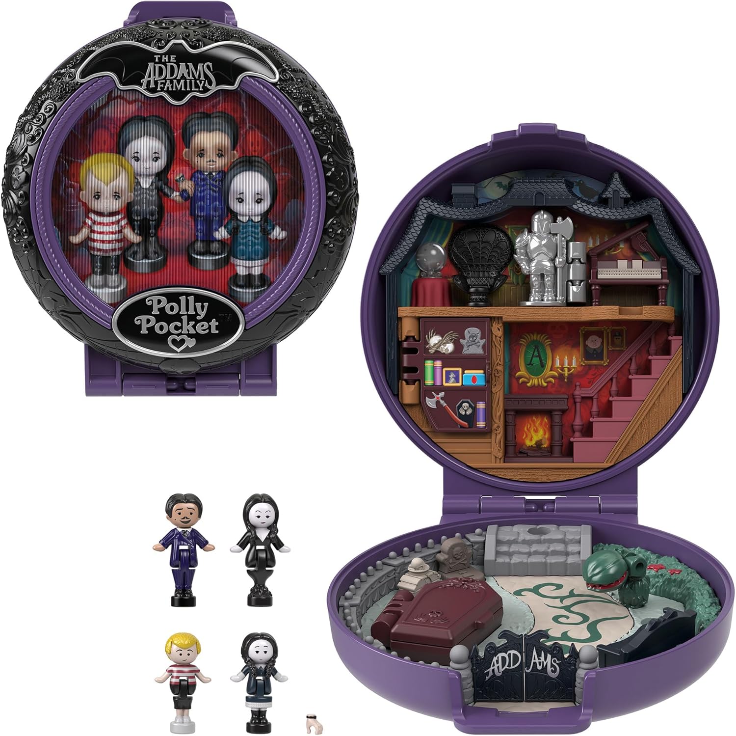 Polly Pocket Collector Playset, The Wednesday Addams Family Compact with 4 Special Edition Character Dolls and 1 Accessory, HXW25