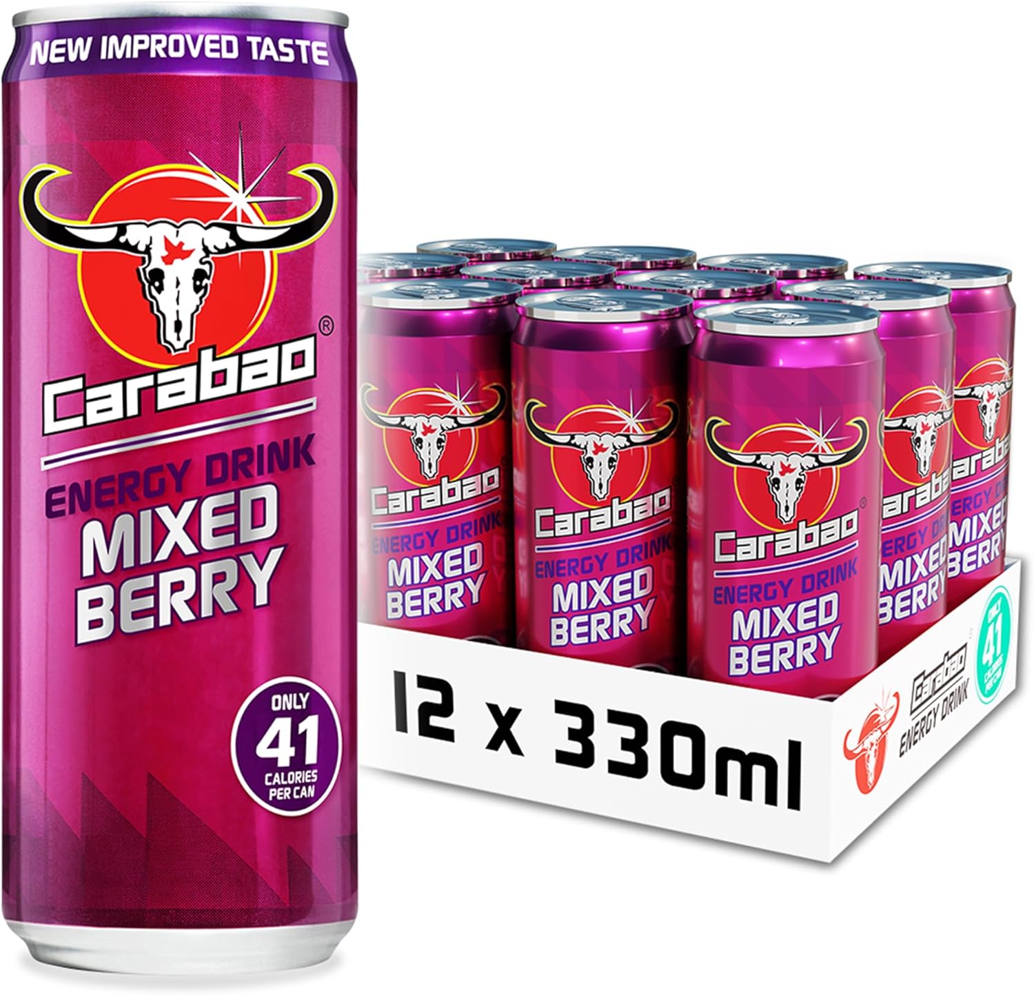 Carabao Energy Drink Mixed Berry, 12 x 330ml Cans Case, Low Calorie, Lower Sugar, Fizzy Fruit Flavour, Vegan, Gluten Free Drink, B Vitamins, Taurine, Caffeine with Zero Crash, Bulk Crates, Multipack