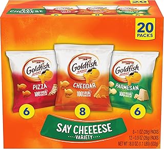 Goldfish Crackers Say Cheeeese Variety Pack with Cheddar, Pizza and Parmesan, Snack Packs, 20 Ct