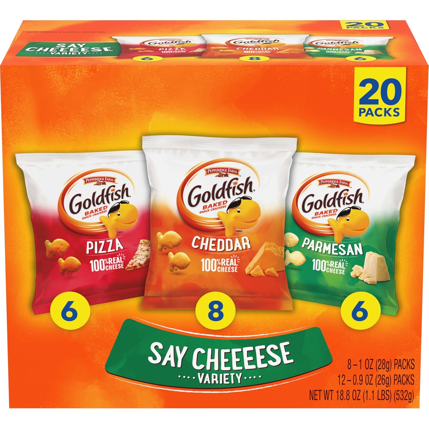 Goldfish Crackers Say Cheeeese Variety Pack with Cheddar, Pizza and Parmesan, Snack Packs, 20 Ct