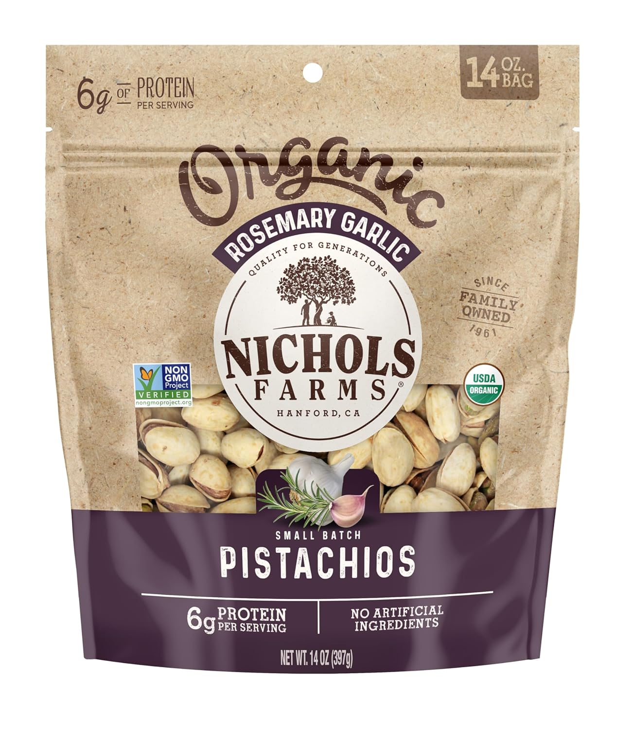 Nichols Farms Organic InShell California Pistachios, Healthy Protein Snack, Rosemary Garlic, 14oz