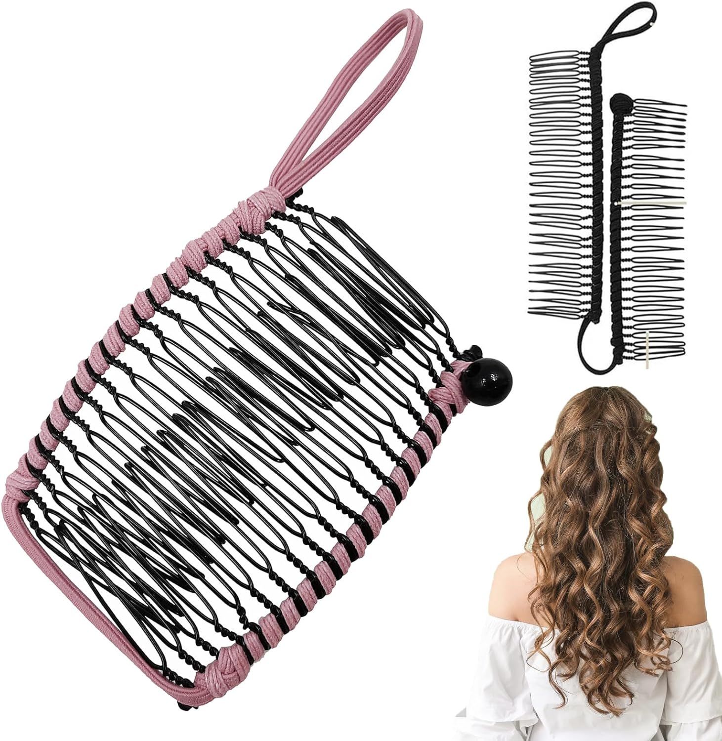 Vintage Stretchy Banana Hair Clip, Stretchy Banana Hair Clip, Vintage Clincher Comb Tool, Flexible Cute Banana Clip Hair Comb with Elastic for Thick, Short, Thin Fine Hair for Women (20Teth Pink)