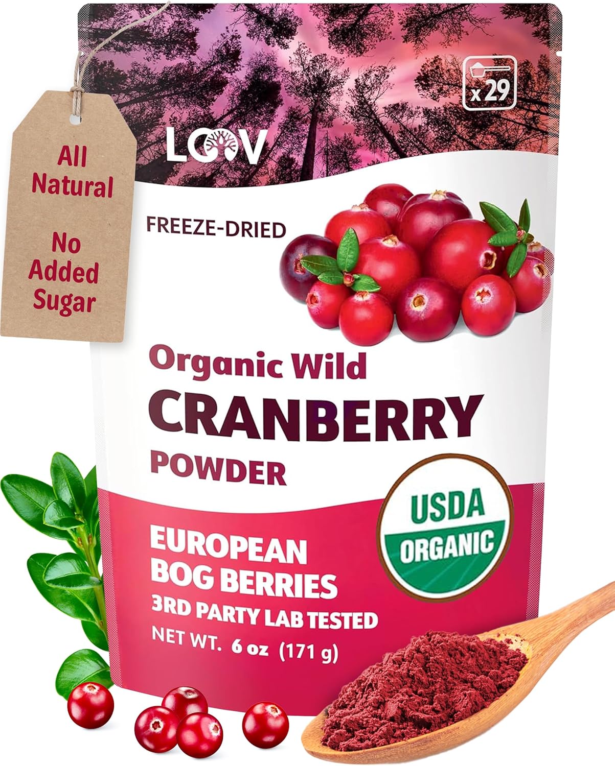 LOOV Organic Wild Cranberry Powder, 100% Whole Organic Cranberry Fruit, Freeze Dried and Wild Nordic Powdered Unsweetened Cranberries, 171 g, 35-Day Supply, No Added Sugar