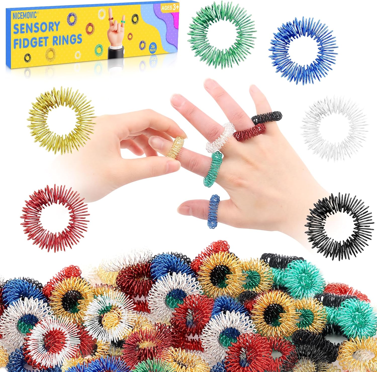 NICEMOVIC 36 PCS Acupressure Rings for Anxiety, Stocking Stuffers Gifts for Women Men Adults Kids, Spiky Sensory Rings for Fingers Stress Relief Fidget Sensory Massager for Teens