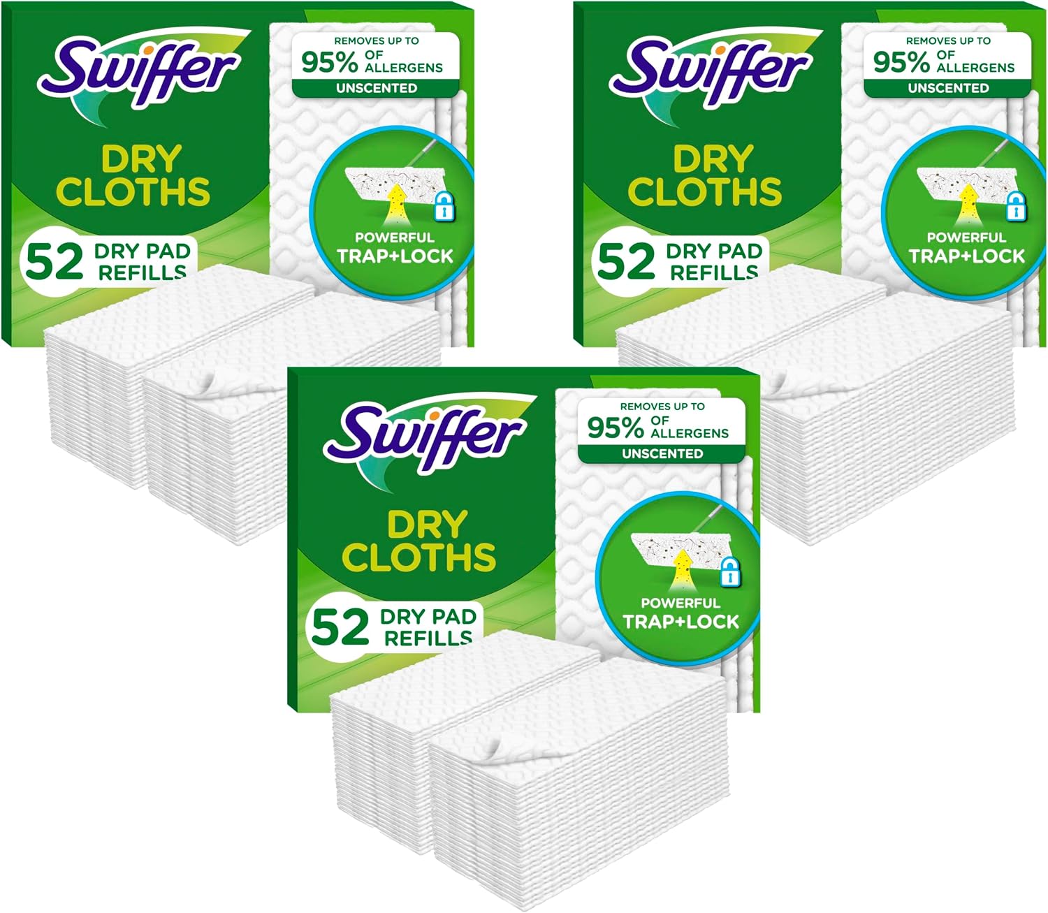 Swiffer Sweep + Mop,Dry Pads Refill,Floor Cleaner for Dirt,Dust,Hair,Cleaning Cloths for Mopping Home,Bathroom,Kitchen,Dust Mop,Floor Duster,Unscented,52ct,(Pack of 3)