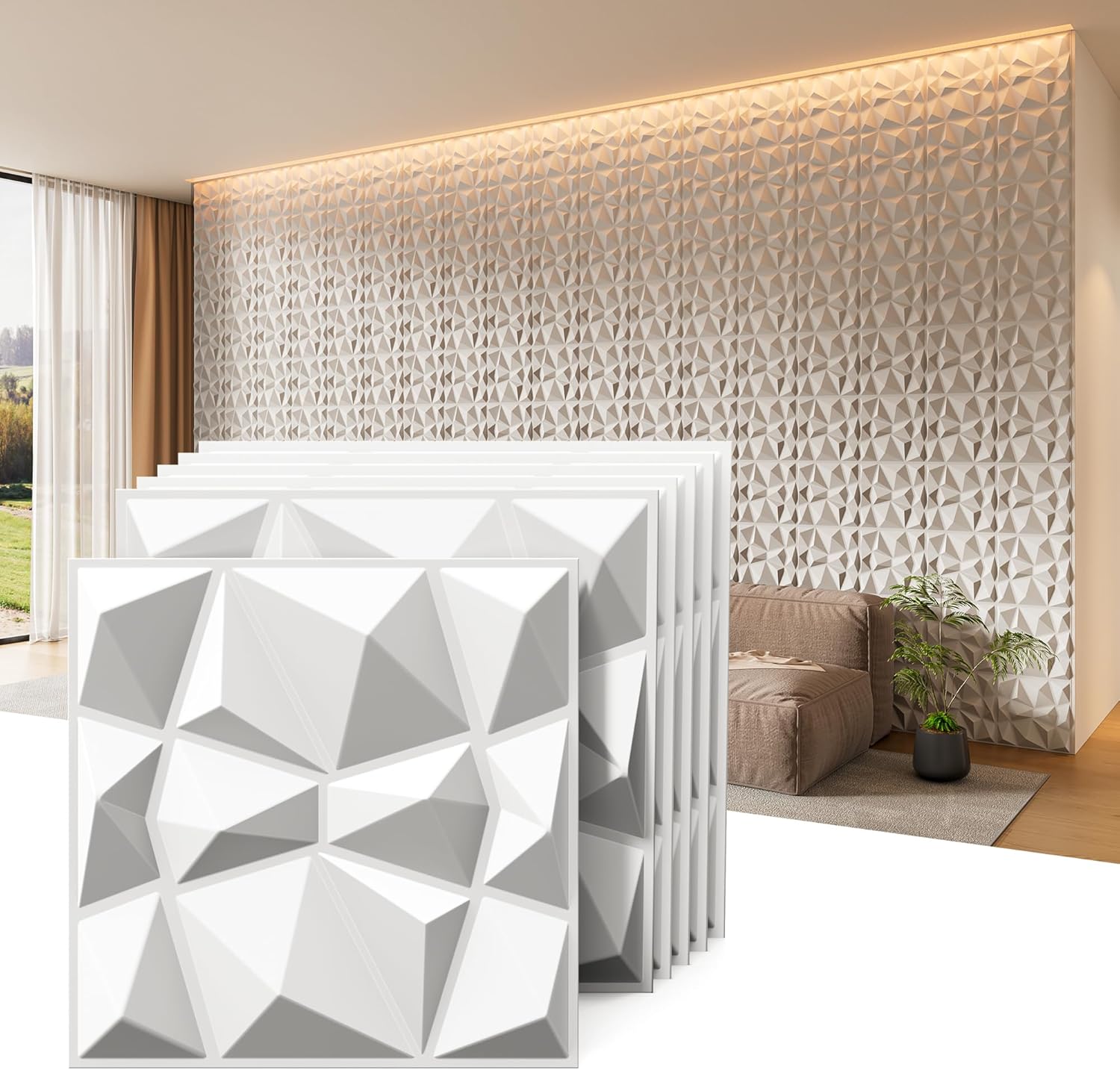 INMOZATA 33 Pack 3D Wall Panels for Interior Wall Decor, Cover 32 Sq.Ft Decorative Wall Panels Diamond Tiles for TV Background, Bedroom, Gaming Room - 12"x12" (B-White)