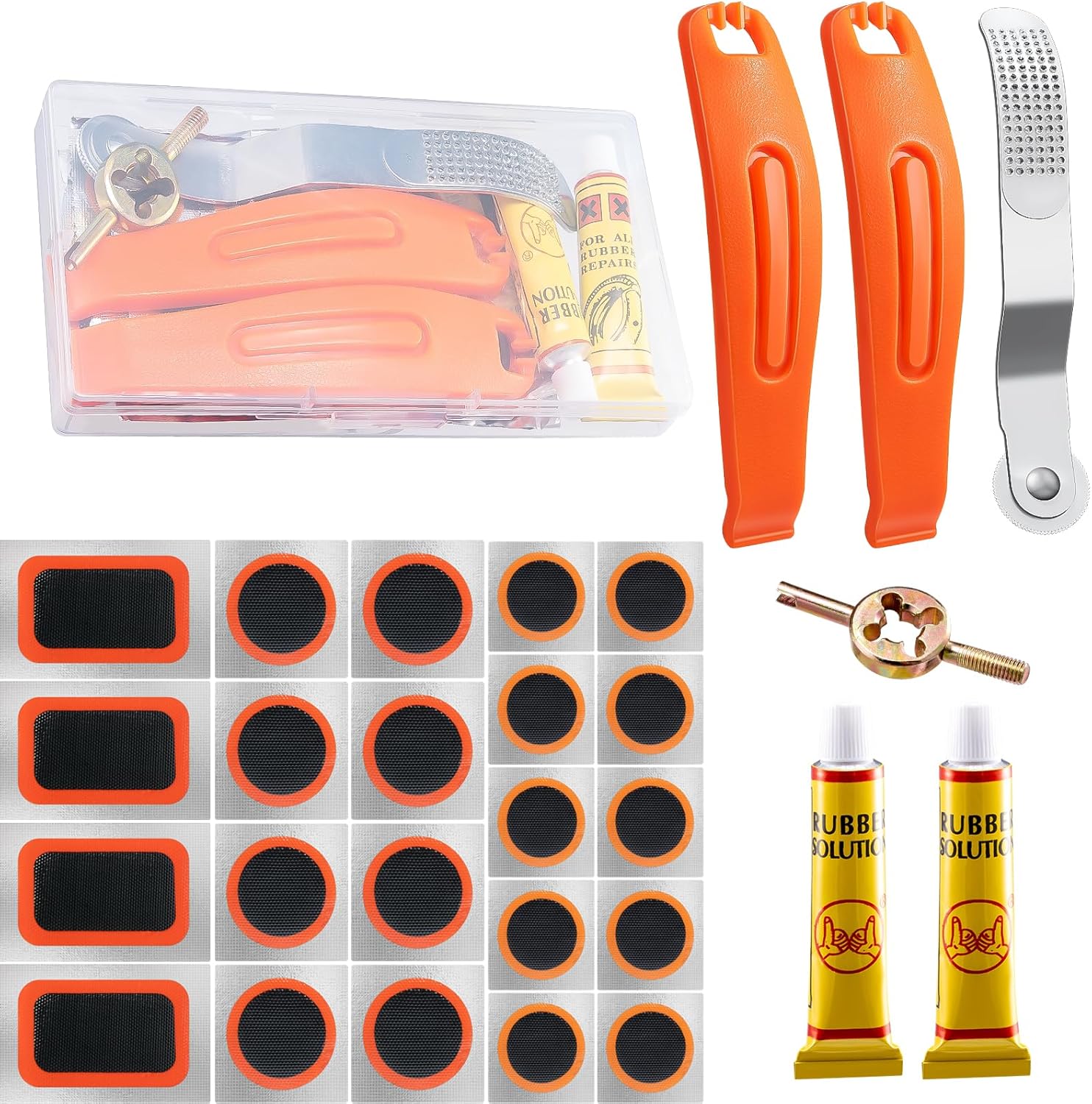 29 PCS Bike Tire Repair Kits - 22 PCS Vulcanizing Patches, Cement, Tire Levers, Metal Rasp & Roller, Valve Wrench, Portable Bicycle Inner Tube Puncture Patch Kit for BMX MTB Road Bike Motorcycle