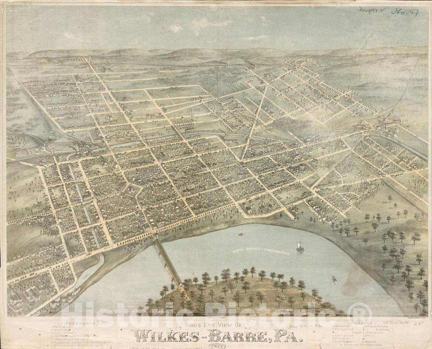 Historical Map, Bird's Eye View of Wilkes-Barre, Pa : 1872, Vintage Wall Art : 44in x 35in
