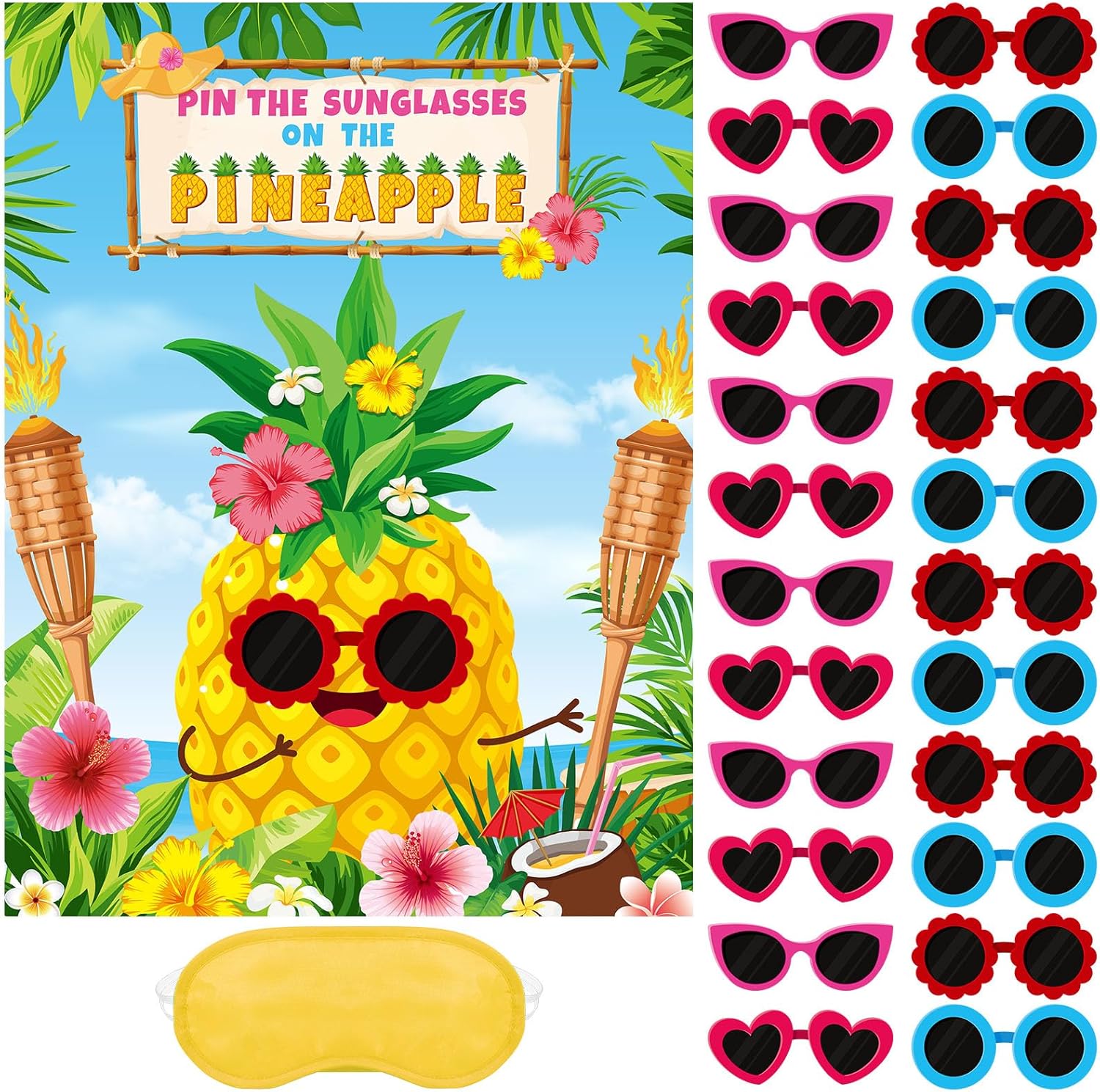 Faccito Hawaiian Luau Party Game Pin The Sunglasses on The Pineapple Party Game Hawaii Tropical Party Supplies with 24 Pcs Sunglasses Sticker for Boy Girl Hawaiian Summer Beach Birthday Tiki Party