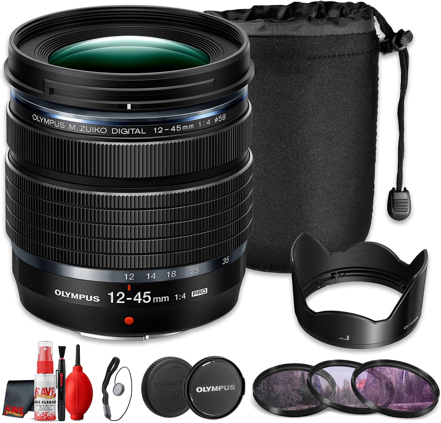Olympus M.Zuiko Digital ED 12-45mm f/4 PRO Lens for Micro Four Thirds, 24-90mm Equivalent Weather Resistant Zoom Lens (Bundle)