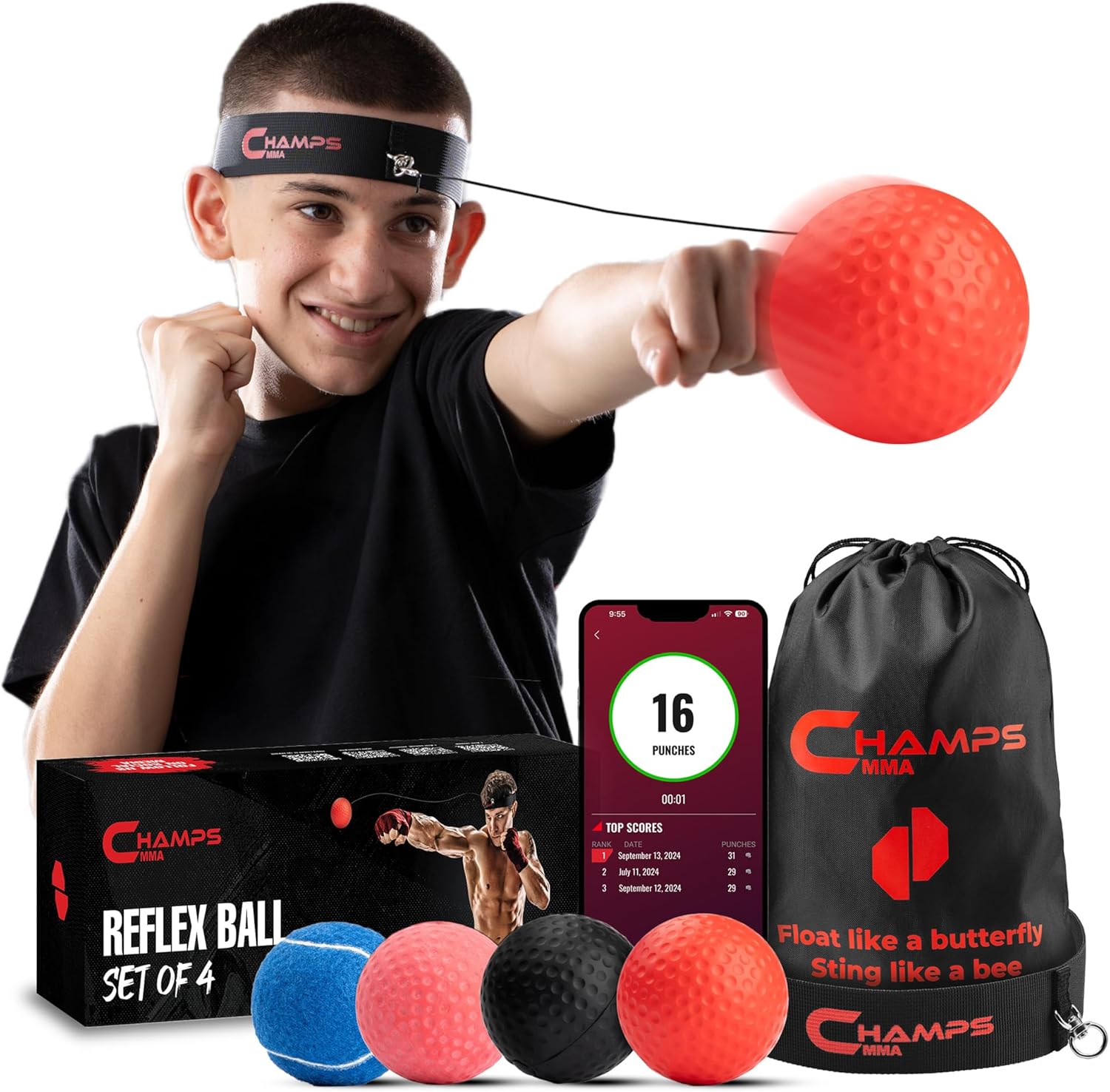 Boxing Reflex Ball Set of 4 with App– Boxing Ball MMA Gear of with Varying Weights with Headband and 4 Spare Strings to Improve Speed, Hand-Eye Coordination for Men And Kids Gift