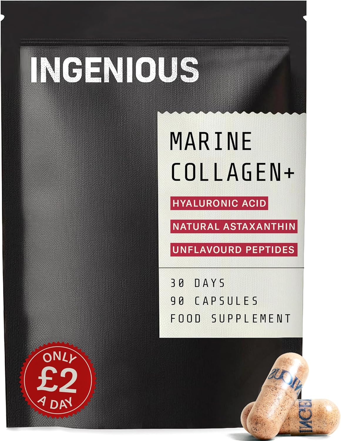 INGENIOUS 100% Pure Marine Collagen Capsules | Natural Astaxanthin + Powerful than VitC | Clinically Proven Hydrolysed Collagen Peptides | Hyaluronic Acid Supplement | Skin, Nails, Hair - 30Day Supply