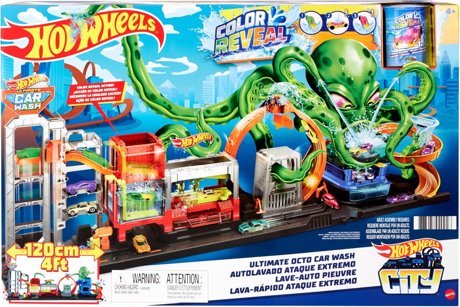 Hot Wheels City Ultimate Octo Car Wash Playset with No-Spill Water Tanks & 1 Color Reveal Car that Transforms with Water, 4+ ft Long, Connects to Other Sets, Gift for Kids 4 Years Old & Up, HBY96