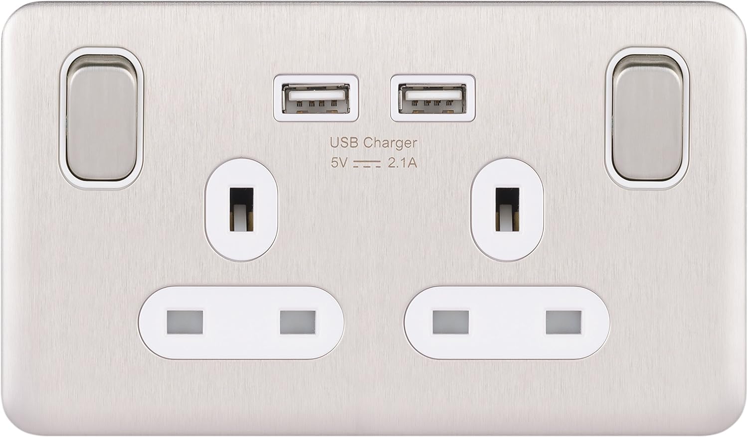 Schneider Electric Lisse Screwless Deco - Switched Double Power Socket, Single Pole with USB Charging Ports, 13A, GGBL30202USBAWSSS, Stainless Steel with White Insert
