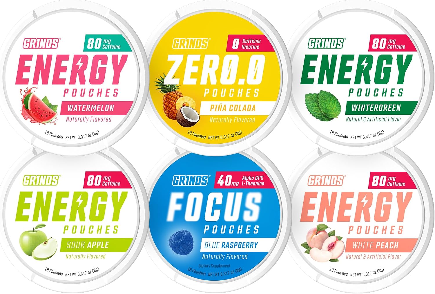 Grinds Pouches Sampler Pack | Includes Caffeine-Free Piña Colada, Blue Raspberry Nootropic, Wintergreen, Watermelon, Sour Apple
