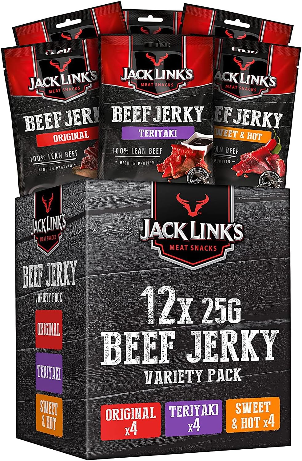 Jack Links Beef Jerky Mixed Case Variety Pack, x4 Sweet and Hot, x4 Teriyaki, x4 Original, Perfect Post Gym Meat Snack