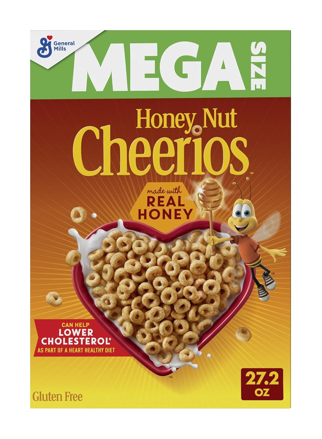Cheerios Honey Nut Breakfast Cereal, Gluten Free, Mega Size, 27.2 oz