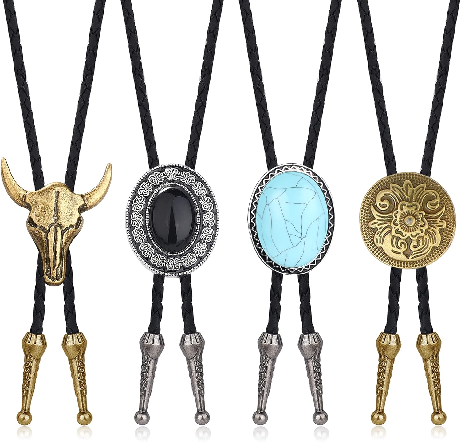 CASSIECA 4Pcs Handmade Bolo Tie for Men Western Cowboy Leather Necktie Halloween Costume Accessories for Men Women