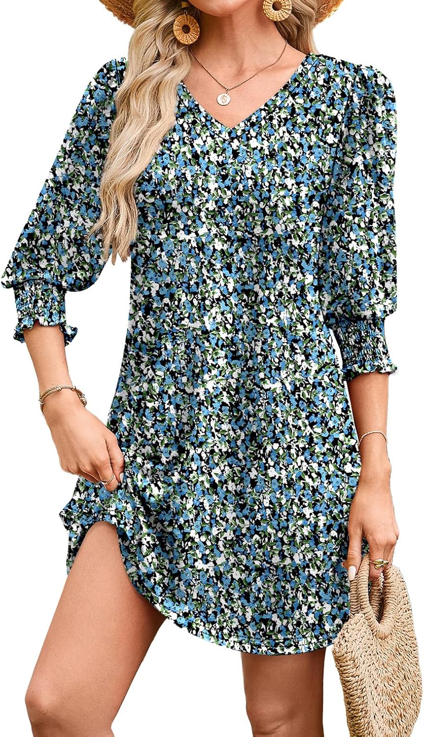 WIHOLL Women's Summer Dresses 3/4 Puff Sleeve Casual Sundress Dress with Pockets Beach Vacation 2025 Fashion