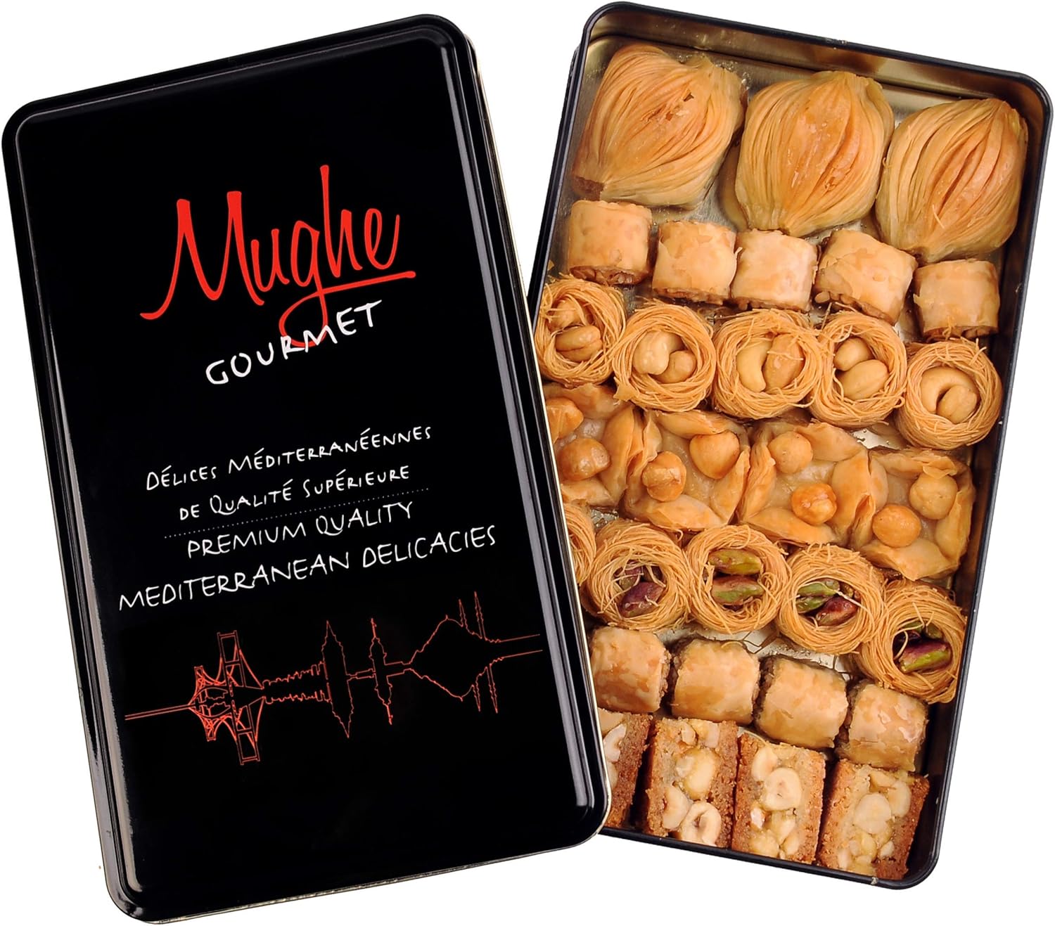 Mughe Gourmet Assorted Baklava Pastry Gift Elegant Tin Box - 500g/1.1lb - Turkish Pistachio, Almond, Walnut, Cashew, Hazelnut Bite Size Gifts Baklawa Sweet - Perfect for Birthday, Fathers Day