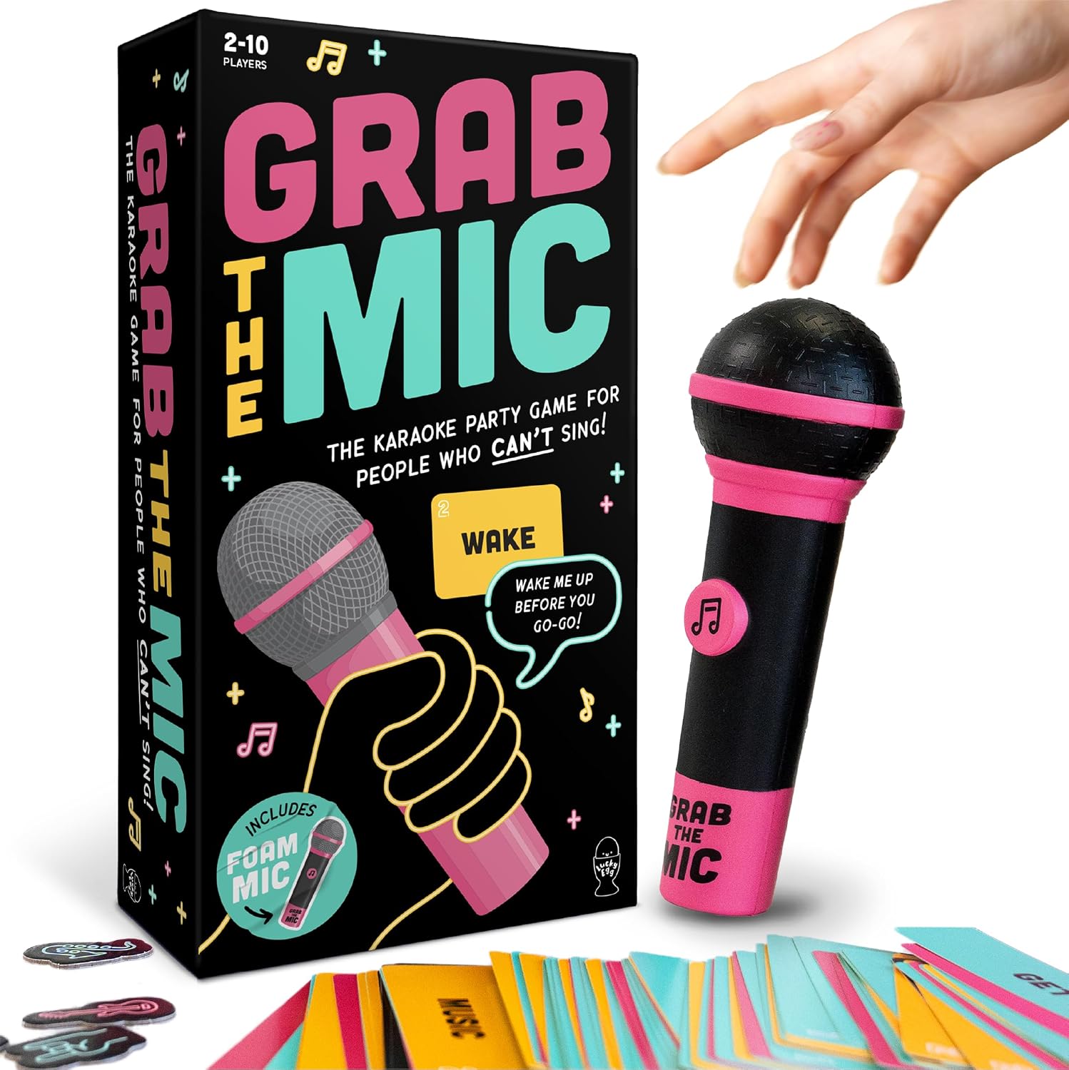 Lucky Egg Official Grab the Mic – Family Karaoke Game, 8+ Year Olds, 2-10 Players - Board Game for Bad Singers with 250 Lyrics (125 Cards) for Hilarious Nights & Birthday Party, Kids Gift