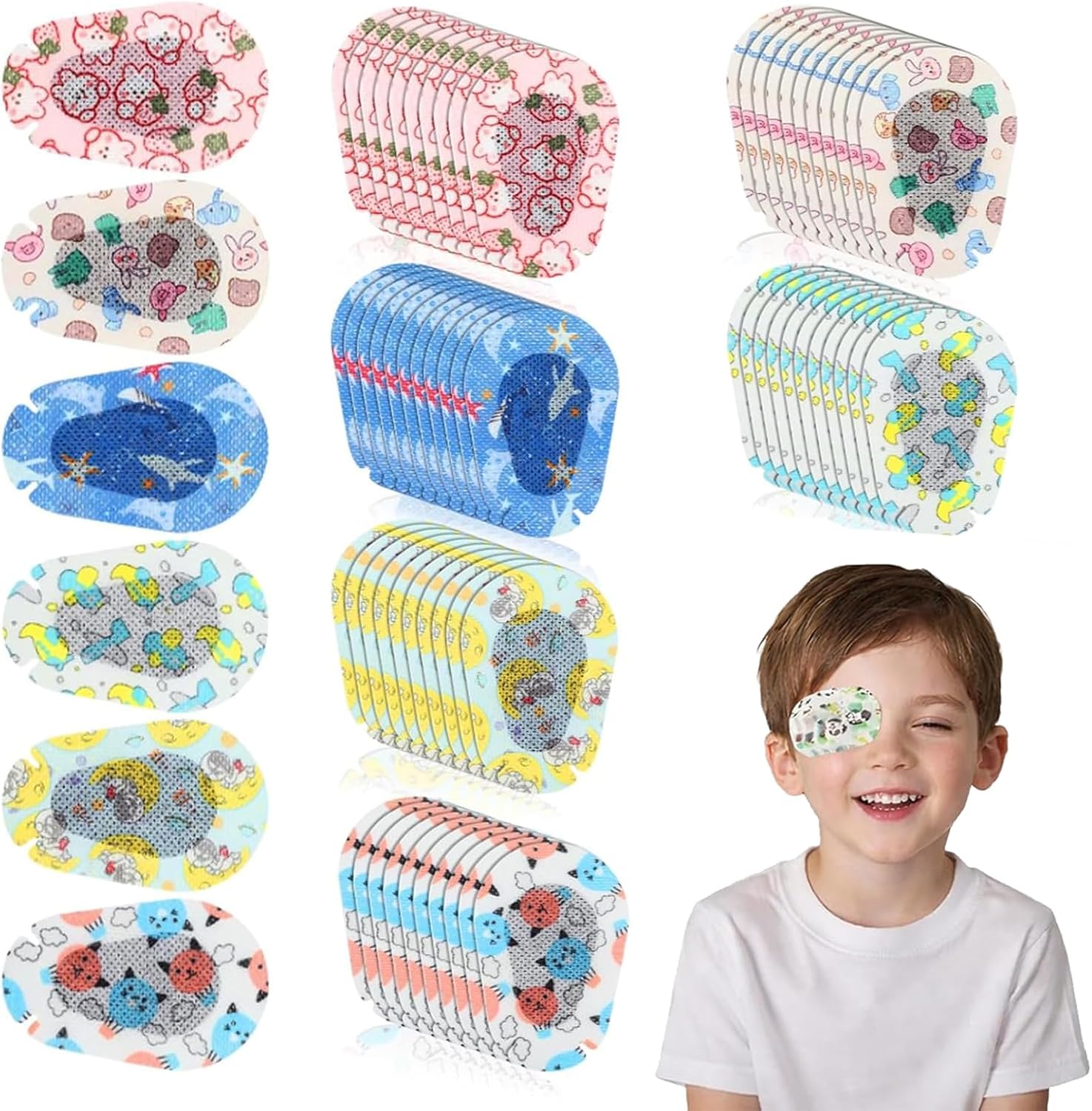 60Pcs Eye Patches for Kids,Breathable Eye Patch for Kids Lazy Eye,Light Blocking Sleep Patches for Kid,Non Woven Adhesive Eye Bandage,Cartoon Animals Kids Eye Patch for Girls Boys