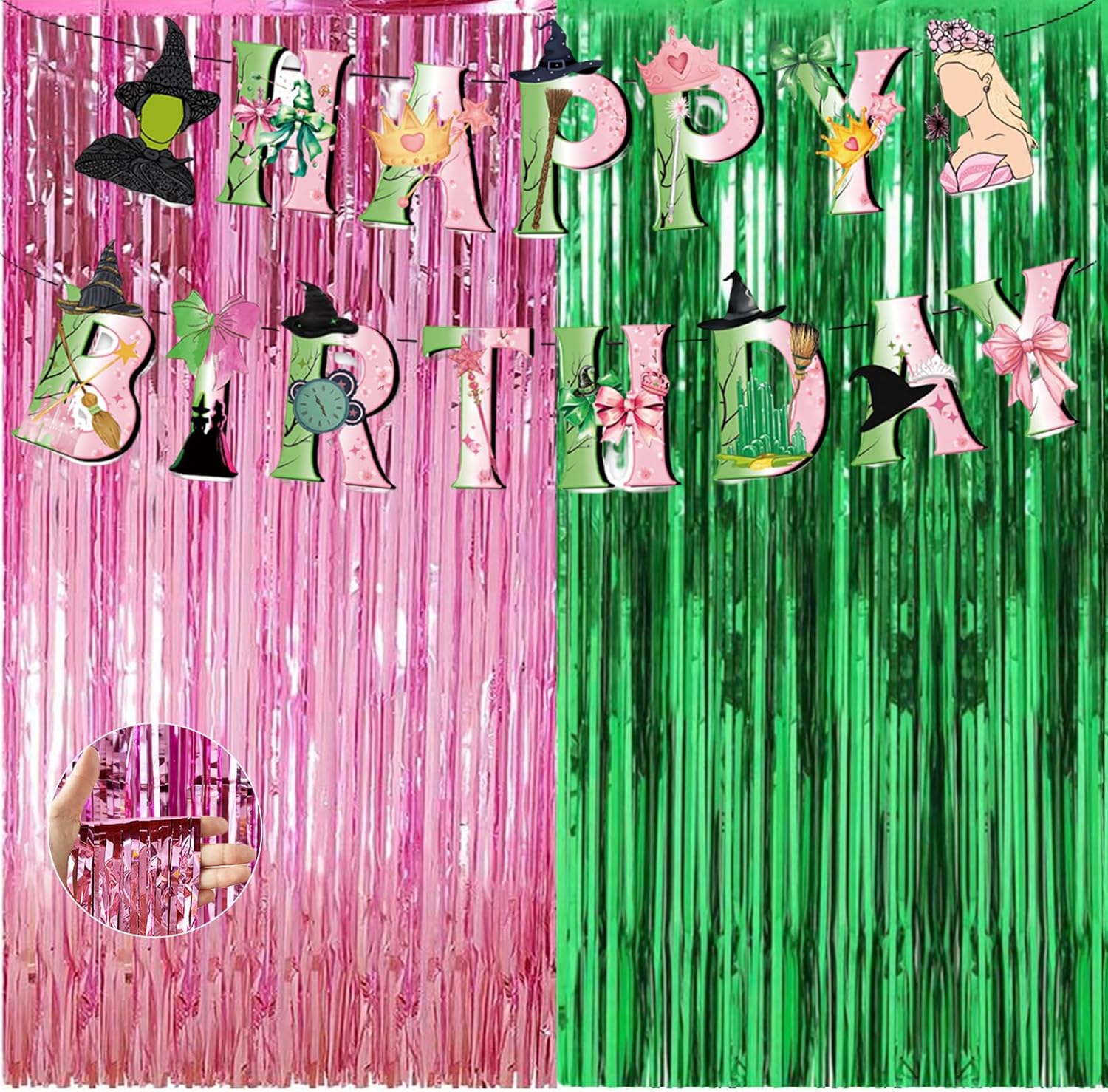 Green and Pink Wicked Party Decorations, Wicked Glitter Streamers Backdrop Birthday Decorations With 1 Wicked Party Banner, Tinsel Foil Fringe Curtains for Disco Birthday Decor (3.28 X 8.2 Ft)