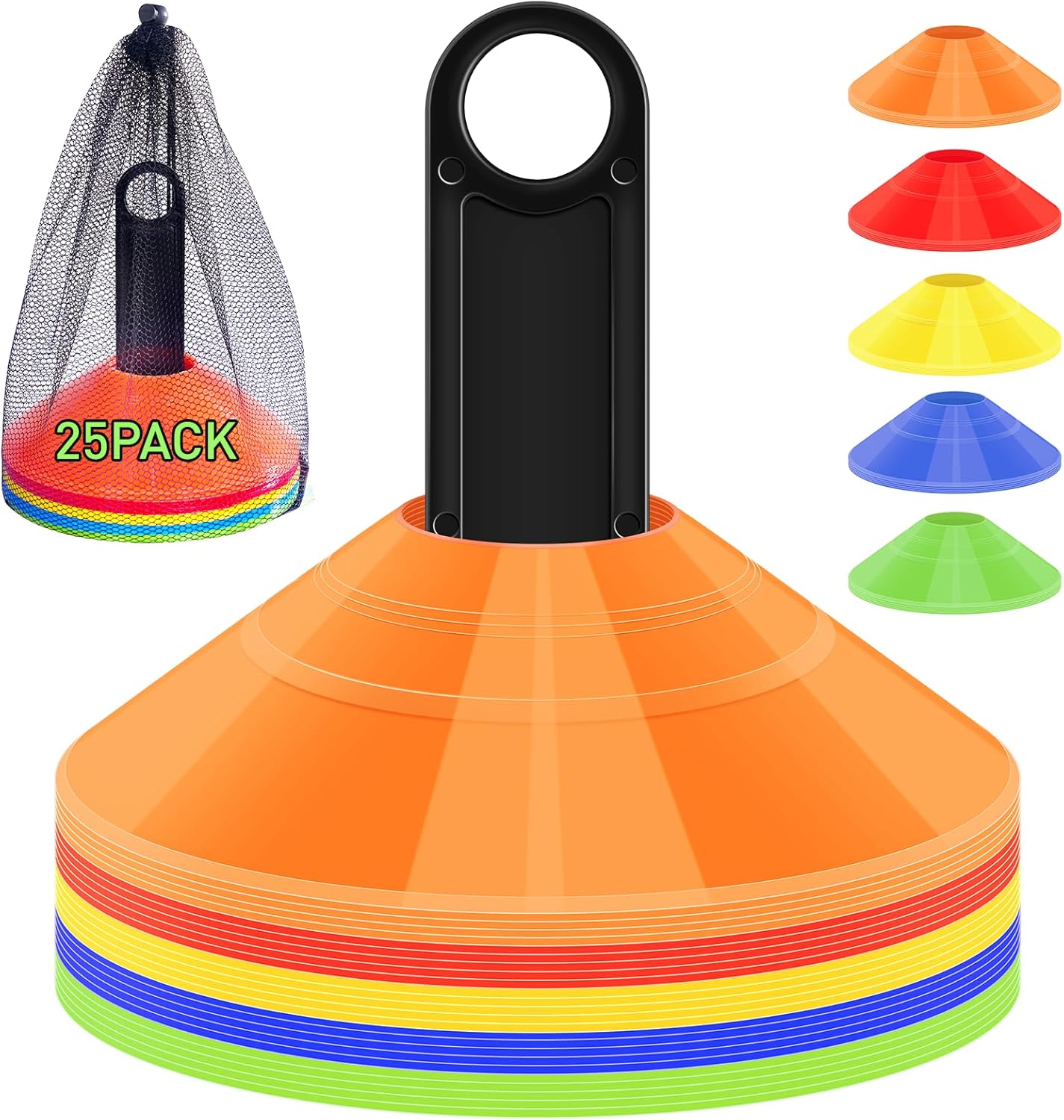 Soccer Training Cones, Agility Disc Sports Cones with Carry Bag and Holder, Plastic Football Cones for Drills, Sports Training, Basketball, Coaching, Practice Equipment, 5 Color