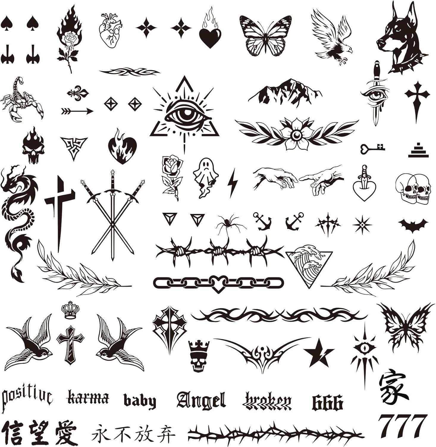3 Sheets Black Cool Temporary Tattoos Waterproof Transfer Fake Tattoos for Men Women Halloween Bachelorette Carnival Cosplay Costume Makeup Party