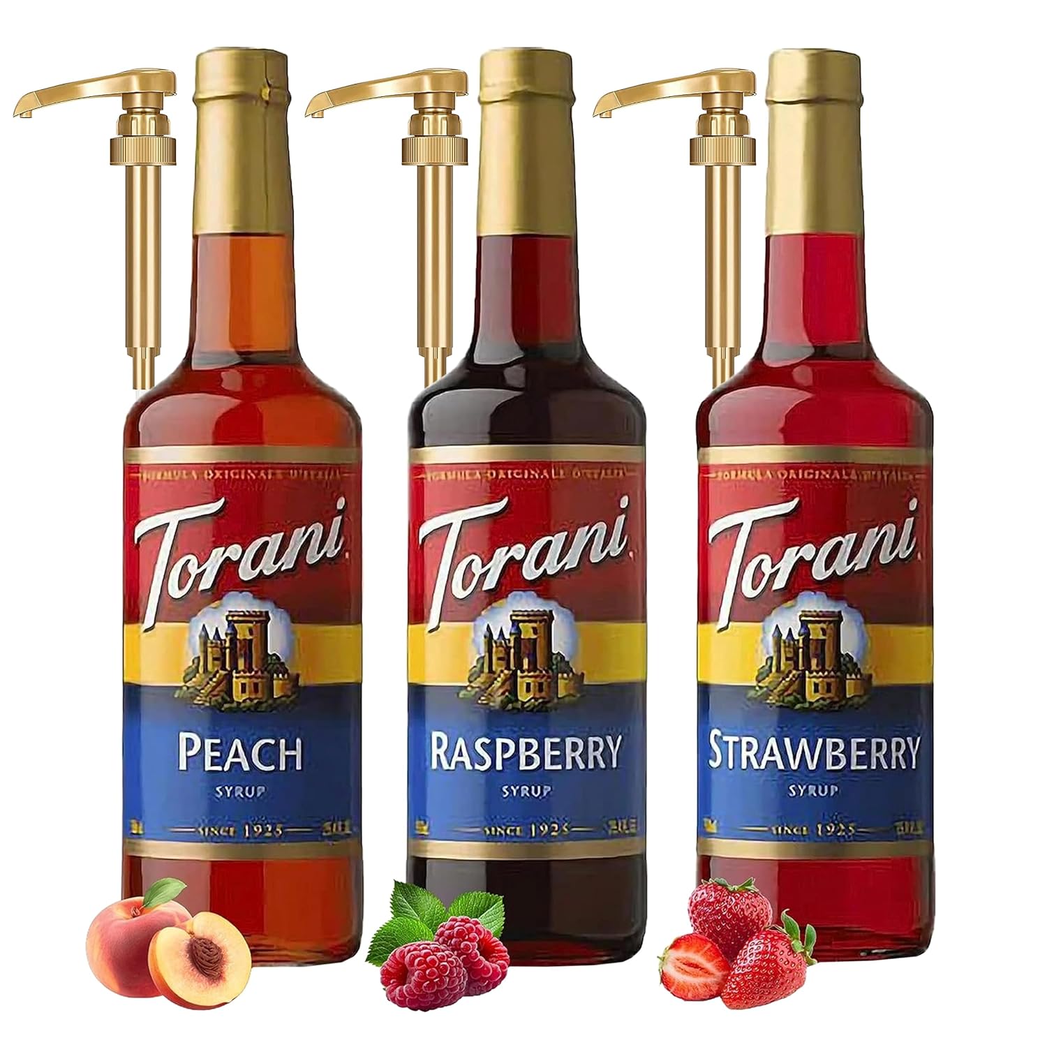 Torani Fruit Favorites Syrup Variety Pack – Raspberry, Strawberry & Peach Flavors for Italian Soda, Lemonade, Tea & Mocktails | 3 Pack with 3 Pumps