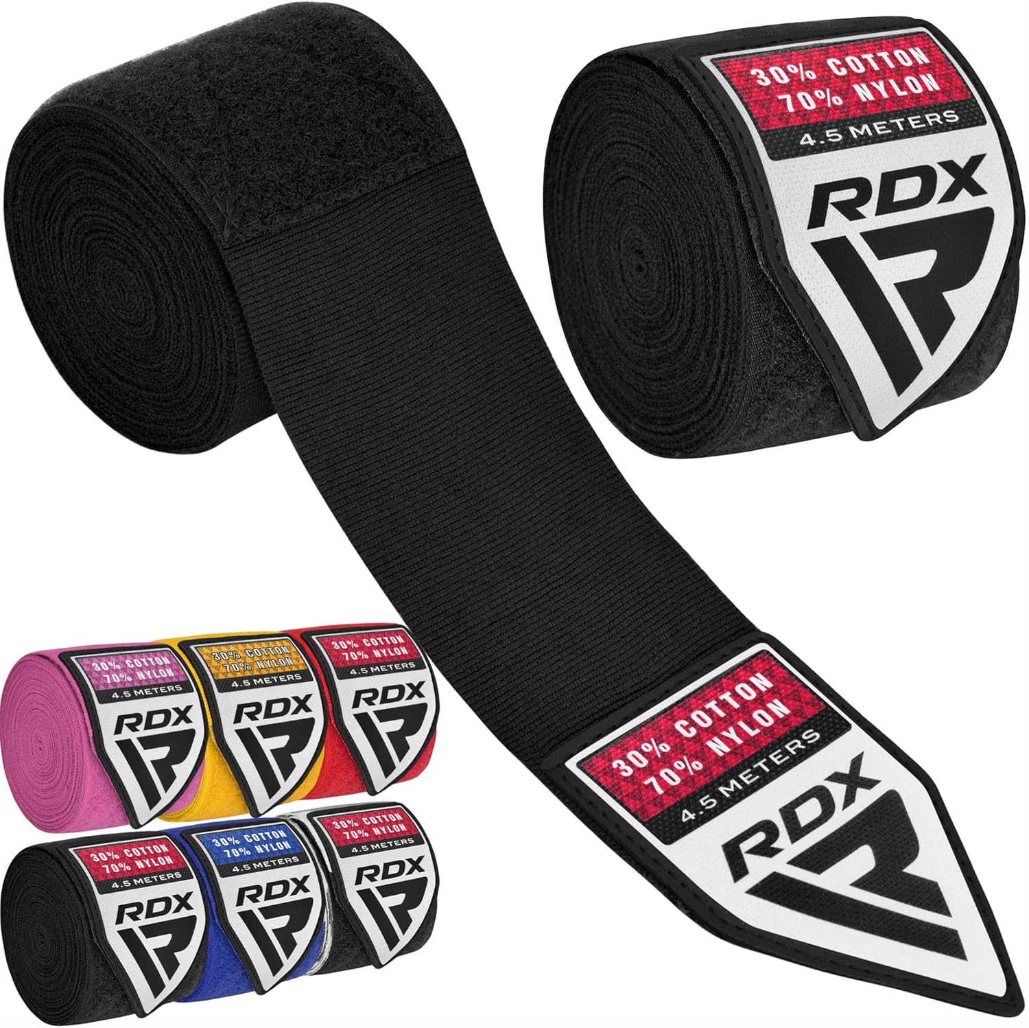 RDX Boxing Hand Wraps 4.5M / 180 Inches – Mexican Style Semi-Elastic MMA Inner Gloves - Wrist Support for Muay Thai, Kickboxing, BJJ, Karate - Thumb Loop & Hook and Loop Closure - Cotton & Nylon Blend