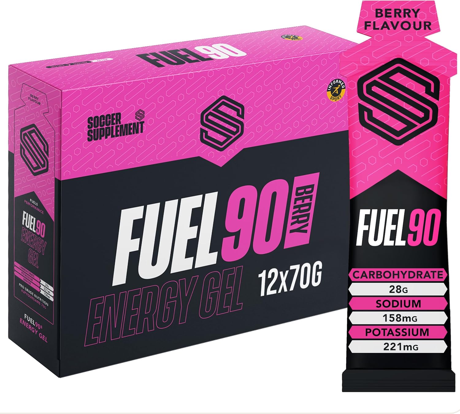 Soccer Supplement Fuel90 Quick Release Energy Gels (12 Pack), Electrolytes Sachets & Sports Gels with Carbohydrates, Mixed Berry Flavour