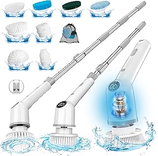 Electric Spin Scrubber: Cordless Shower Scrubber with 8 Replaceable Brush Heads- 3 Adjustable Speeds- Adjustable Extension Handles- Power Cleaning Brush for Bathroom- Floor- Tile