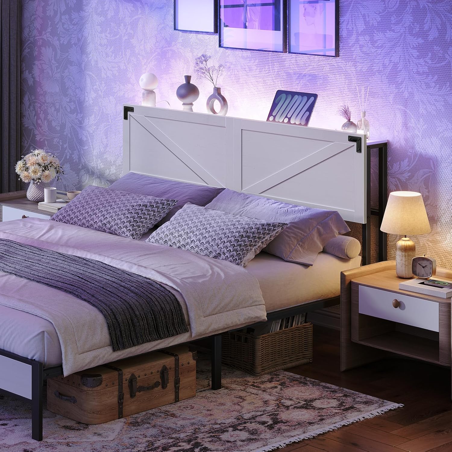 Queen Size Headboard Only, Headboard with 2 Outlets and 4 USB Ports, Farmhouse Headboard, with LED Lights, Secure Storage with Raised Fence, with Bed Frame Adapter, White and Black