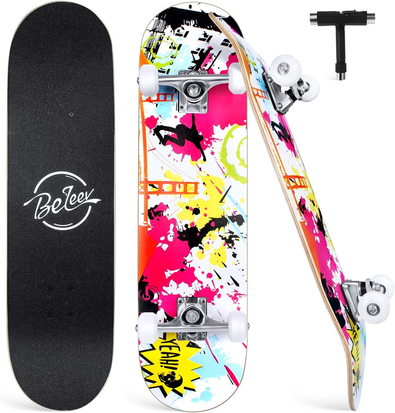 BELEEV Skateboards for Beginners, 31 x 8 inch Complete Skateboard for Kids Teens Adults, 7 Layer Canadian Maple Double Kick Deck Concave Cruiser Trick Skateboard with Multifunction Skate T-Tool