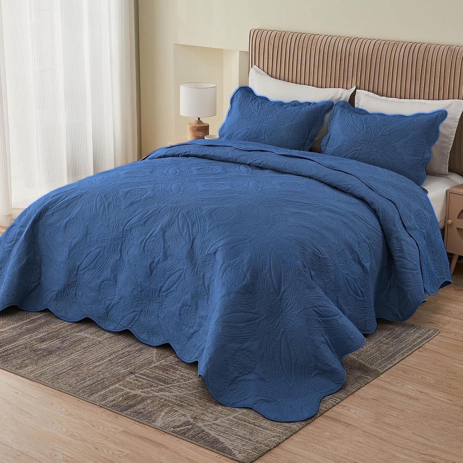 Kingnex Oversized King Bedspreads 128x120 for Extra Wide Tall King or Cal King Bed Ultrasonic Quilted Coverlet Set 3 Piece Include 1 Quilt 2 Pillowcases Navy