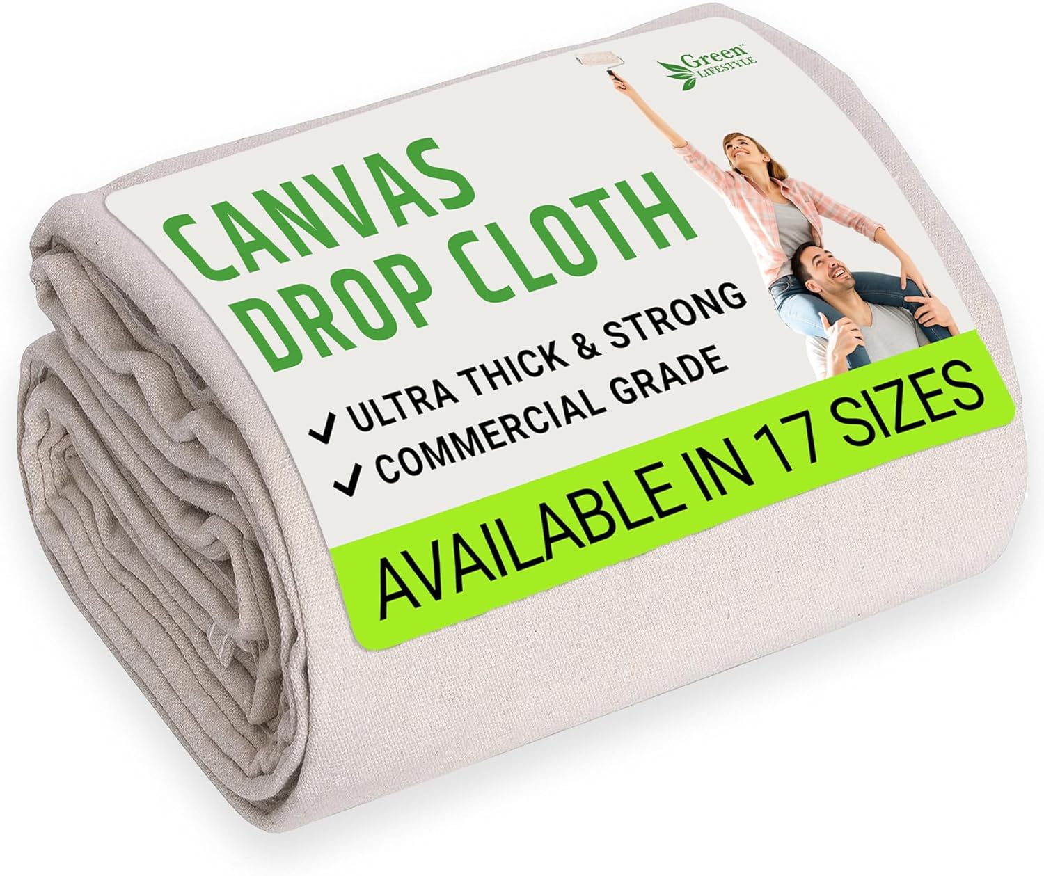 GREEN LIFESTYLE All Purpose Canvas Drop Cloths - Drop Cloth for Painting, Floor Cover, Heavy Duty Protection for Furniture & Surfaces, Reusable Painters Canvas Tarp for Renovation & Home (4x12)