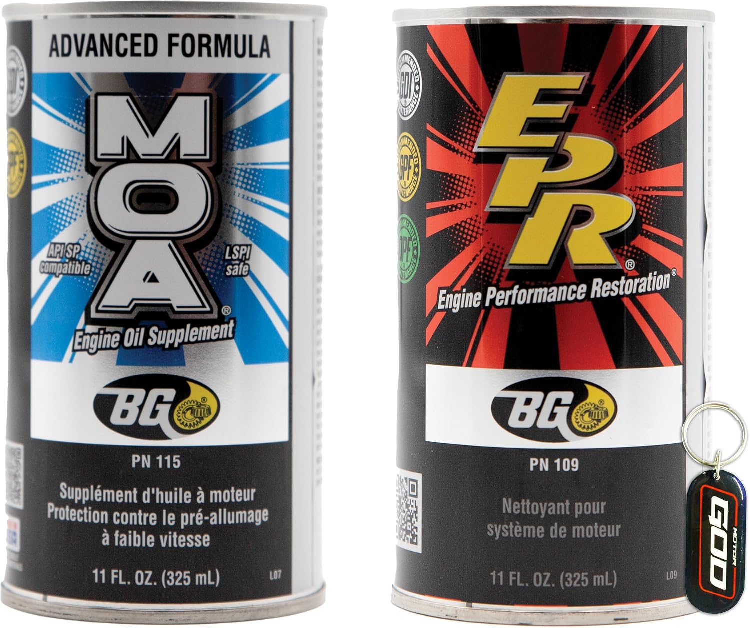 BG MOA 115 & EPR 109 – Engine Restoration & Motor Oil Lubrication Additive With Motor God Key Chain