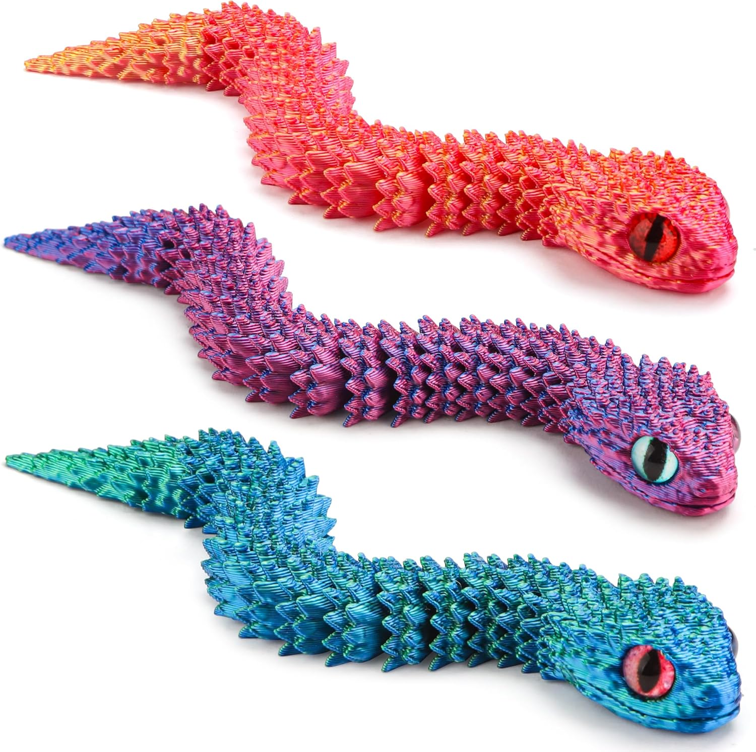 WESADN 3D Printed Snake, 3Pcs 3D Printed Animals-Snake Viper,3D Printed Toys Flexible Joints 3D Snake Fidget Toy Creative Toy 3D Printed Articulated Snake,Home Office Decor Executive Desk Toys