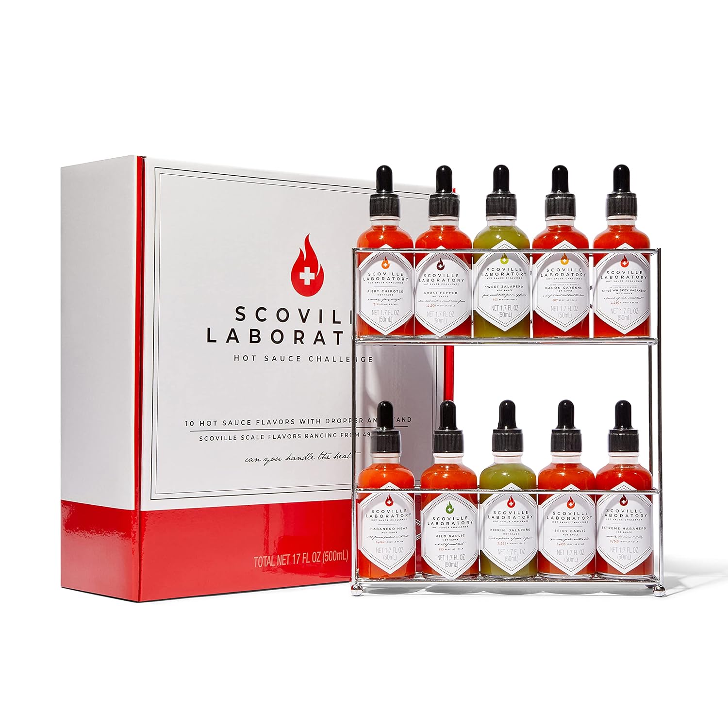 Thoughtfully Gourmet, Scoville Laboratory Hot Sauce Challenge Set, Includes Display Rack and Hot Sauces with Scoville Scale Flavors Ranging from 430-11,300, Set of 10