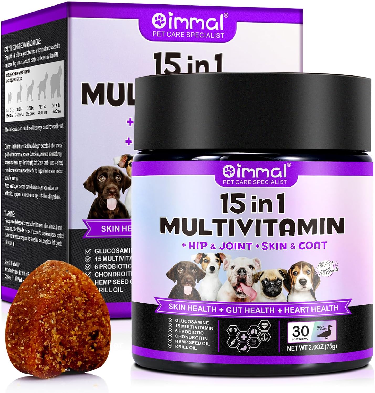 Dog Multivitamin Chewable,15-in-1 Dog Vitamins & Supplements,Pet Joint Support Health- Skin, Coat Heart, Hips, Joints,Digestion & Immune System,for All Ages All Breeds(30 Chews Duck Flavor)