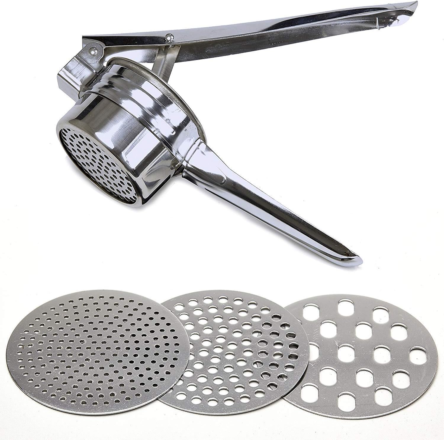 Stainless Steel Potato Ricer – Manual Masher for Potatoes, Fruits, Vegetables, Yams, Squash, Baby Food and More - 3 Interchangeable Discs for Fine, Medium, and Coarse, - Easy To Use - by Tundras