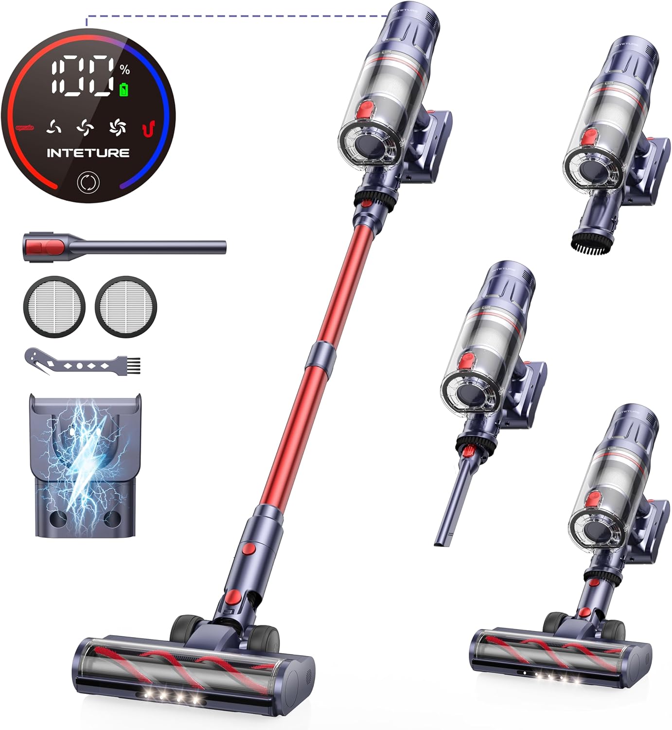 INTETURE Cordless Vacuum Cleaner 600W/50Kpa,65Mins Stick Vacuum,Self-standing Upright Vacuum Cleaner with Wall Mount Charging,Touch Screen,Vacuums for Hardwood Floor Carpet Pet Hair