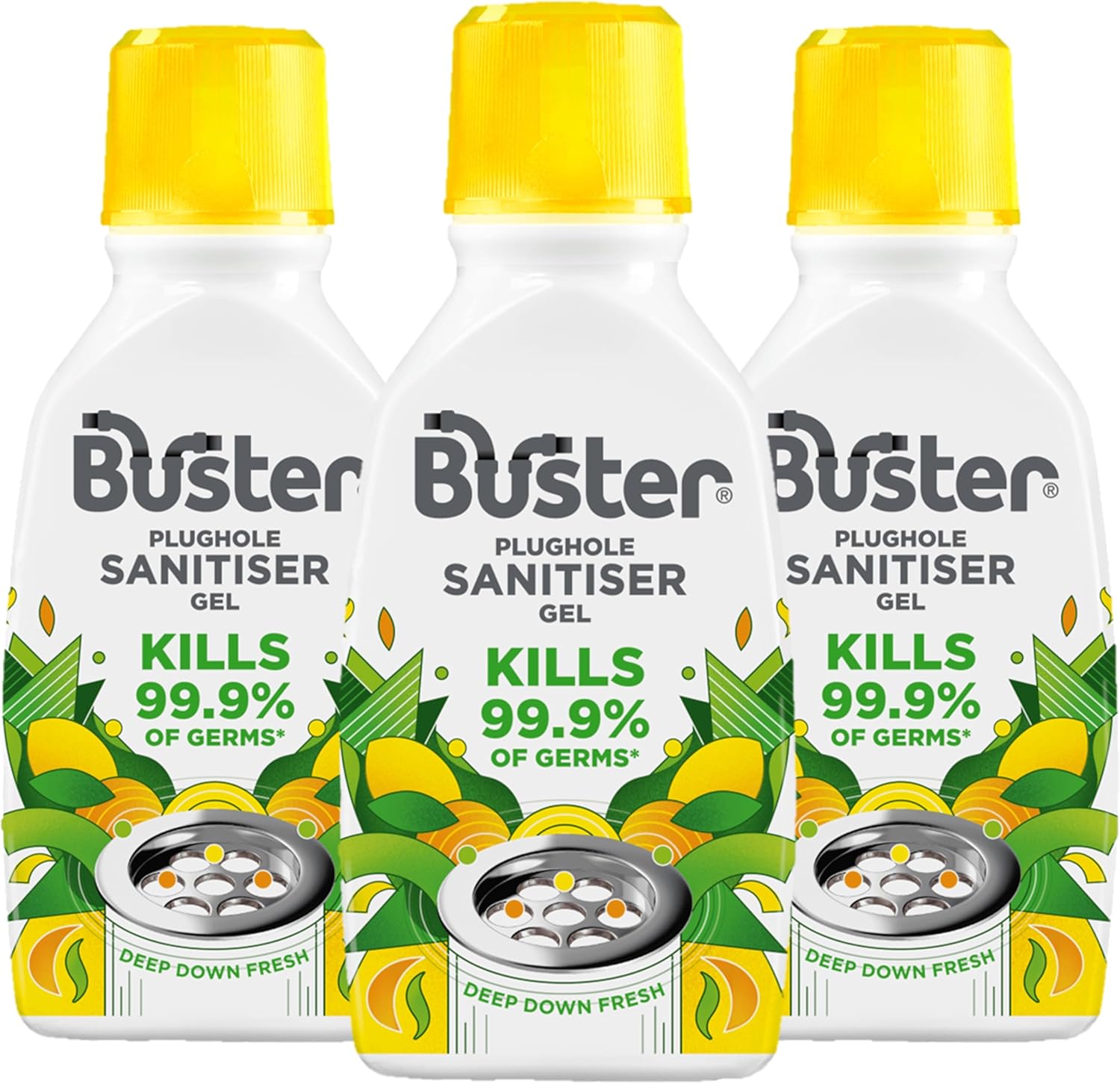 Buster Sanitiser Gel Citrus, 300ml, Pack of 3 – Stop Smelly Plugholes, Sinks & Drains - Removes Stains & Kills 99.9% Germs - Fast Acting - Long Lasting Sink & Drain Freshener