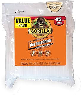 Gorilla Hot Glue Sticks, Full Size, 4" Long x .43" Diameter, 45 Count, Clear, Bonds: Wood, Metal, Glass, Plastic, Floral, Fabric, Leather, Foam, and More (Pack of 1 with 45 Glue Sticks per pack)